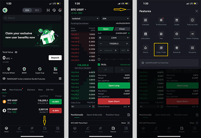 آموزش کپی ترید صرافی اوربیت در موبایل